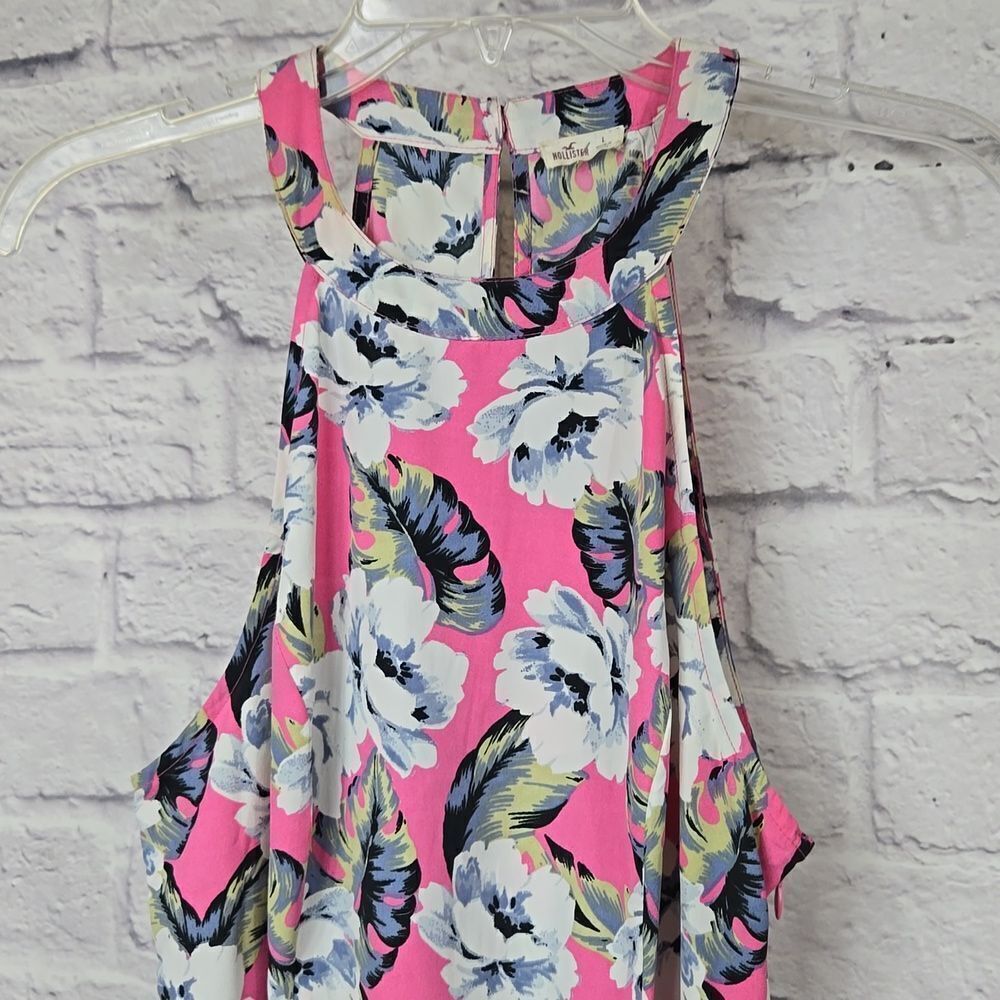 Hollister Skater Dress Pink Floral Sundress Sleeveless Halter Chiffon Fit Flare - Picture 3 of 13